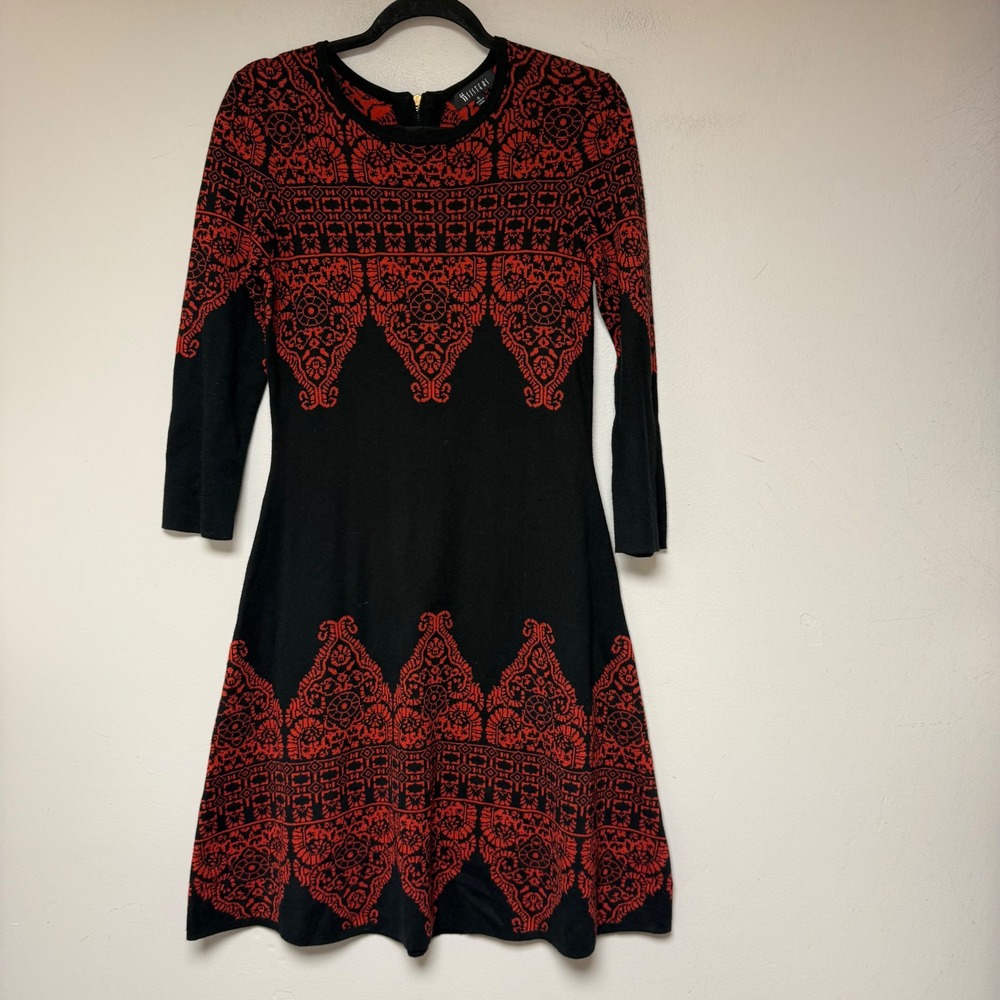 7 Sisters Knit Fit and Flare Dress Women Small Black Red Damask 3/4 Sleeve 8654